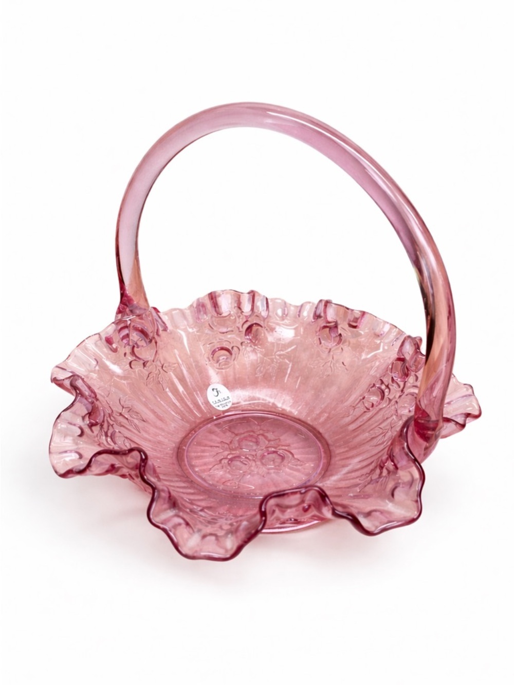Fenton Rosaline Pink Glass Rose Pattern Basket Ruffled Edge Original Sticker